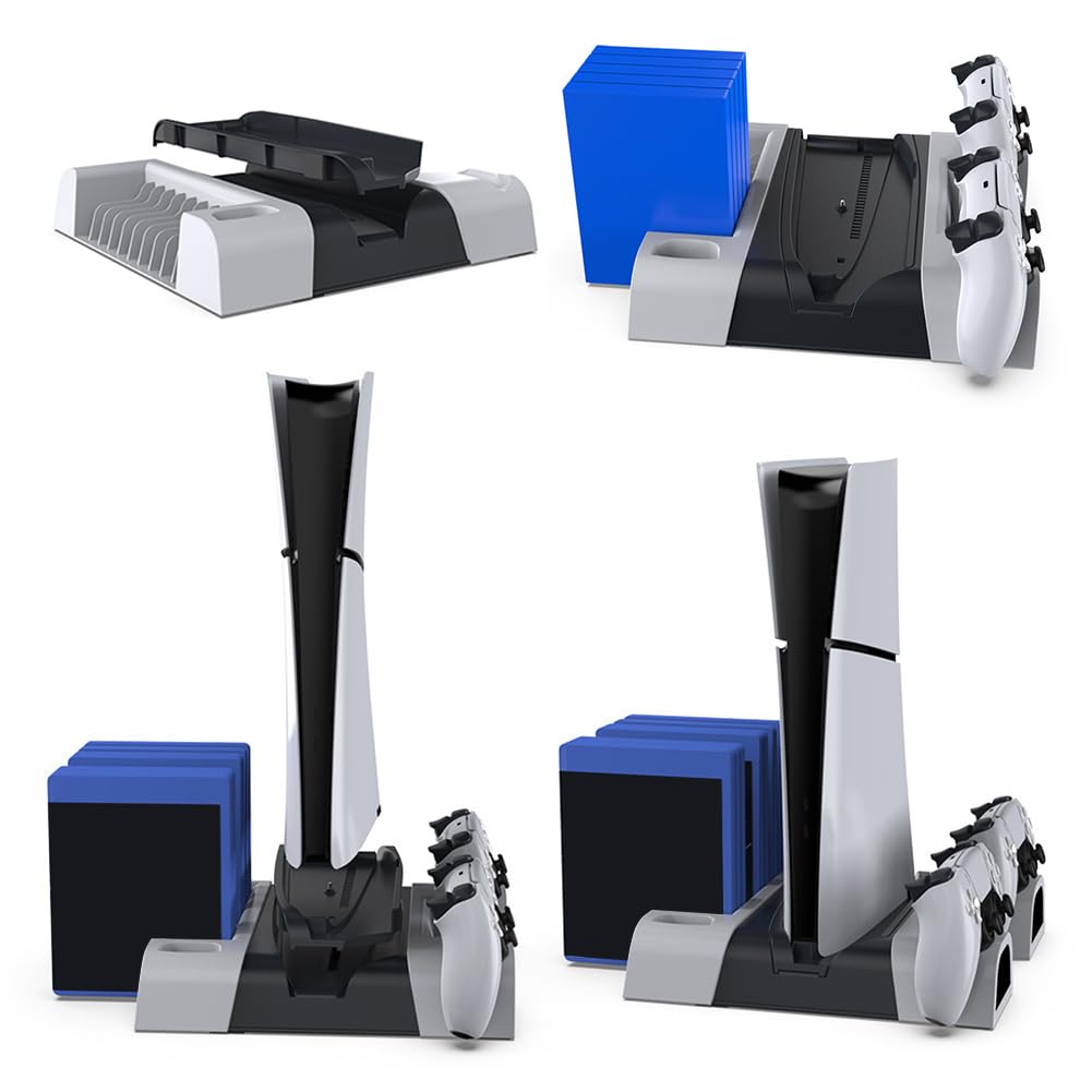Soporte vertical y estación de refrigeración para PS5 Pro/Slim con doble controlador de carga y organizador de juegos