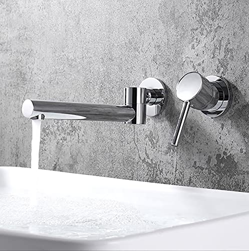 SJQKA-Mitigeur Lavabo Encastrable Bec Pivotant à 180 ° Robinet Mural Salle de Bain Laiton Robinet Salle Bain Montage Mural, Robinets de baignoire avec l?Eau Froide & Chaude (Silver)