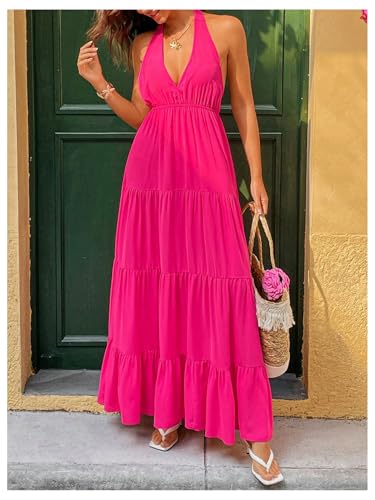Milumia Women's V Neck Open Back Halter Dress Sleeveless Layered Summer Vacation Maxi Dresses2
