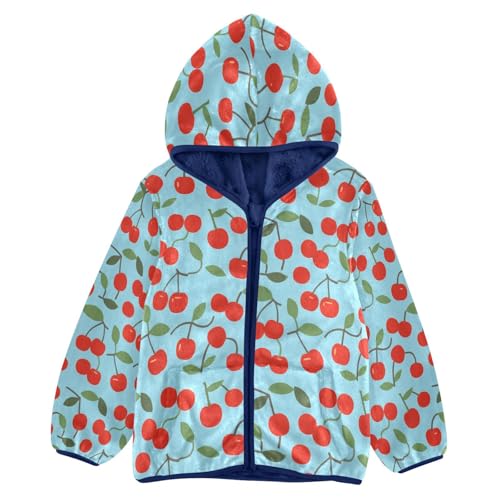 Cherry Pattern on Light Blue Toddler Fleece Jacket Girl Boys Hooded Fleece Jacket Coat Warm Outwear Zip-up 3-10T