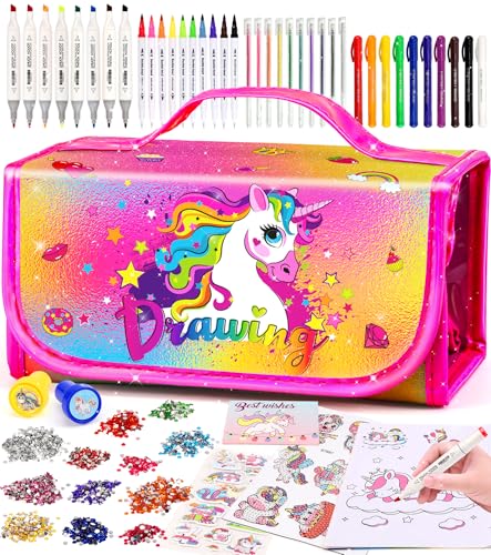 Ophy Juegos de Pintura - Rotuladores de Colores para Niñas con Pegatinas de Diamantes Arte para Artesanía Marcadores Lavables Juego de Papelería Bolígrafo Doble Libro para Colorear Regalos para Niñas