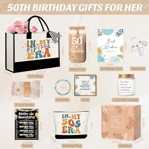 50th Birthday Gifts for Her, 50 Year Old Fabulous Gifts for Women, Unique 50th Happy Birthday Ideas with Canvas Tote Bag Glass Cup Candle, Perfect for Mom Sister Friend Wife Daughter Coworker3