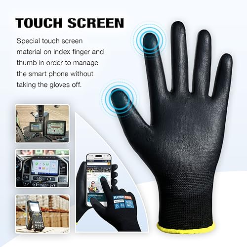 Image of Work Gloves PU Coated for Men and Women, 60 Pairs Safety Work Gloves with Two Fingers Touchscreen, Breathable and Lightweight,Ideal for Light Warehouse, Manufacturing, Gardening, KG11P (L, Black)