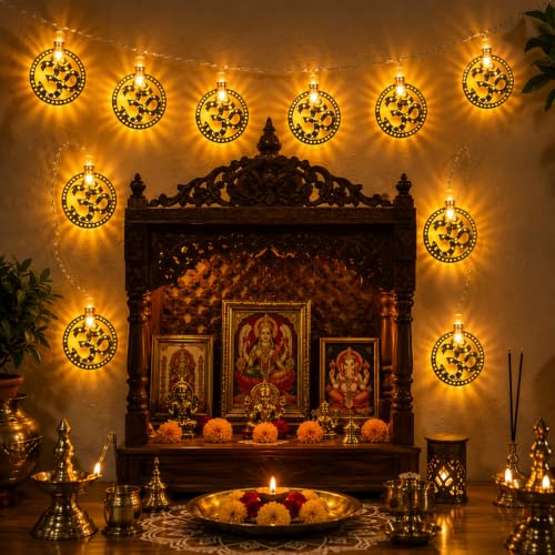 Image of MoonlitDreams Om LED String Lights, 3 Meter Metallic 3D Om Pendant Decorative Lights, Warm White Fairy Lights for Pooja Room, Mandir, Diwali & Festive Home Decoration (Plug-in)