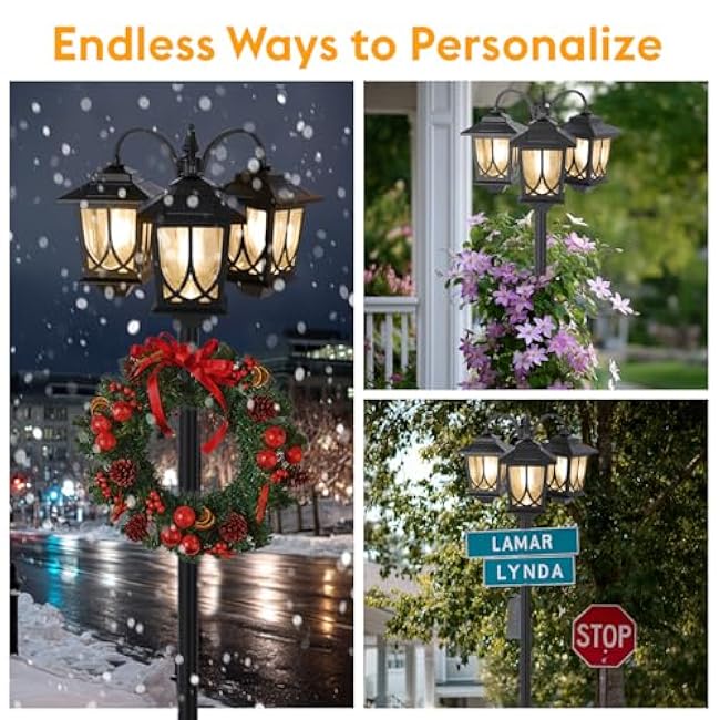 3-Head Solar Lamp Post Light, 73 Solar Lights Outdoor Waterproof, 60Lm 3000K Pathway Lights for Garden, Lawn, Yard