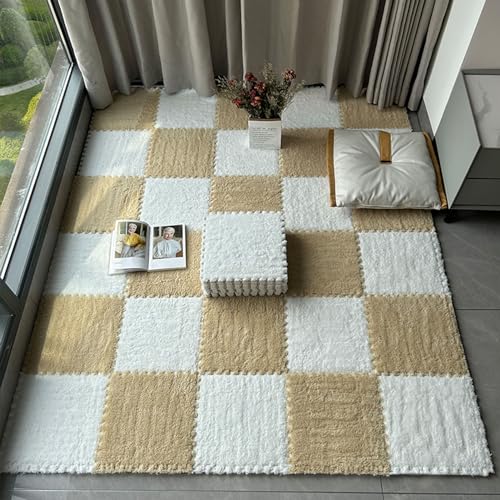 Alfombra entrelazada de 10 Piezas, Alfombra de Espuma Suave entrelazada para el Suelo, Alfombra de Espuma Tipo puzle Cuadrada, Alfombra Antideslizante para trepar (Blanco + Albaricoque).