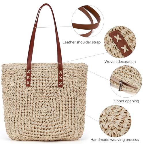 Straw Beach Bag Leather Tote Bag for Women Woven Shoulder Crochet Purse Beach Clutch Purses for Travel Vacation