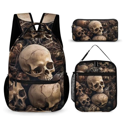 Some Skull Shapes Backpack Set 3 Piece, Durable Backpack Insulated Lunch Bag Portable Pencil Case for Men Women