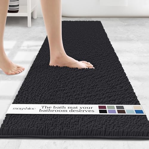 Image of MAYSHINE Runner Plush Shaggy Chenille Bath Mat 71 inchx31 inch Extra Soft, Super Absorbent, Non-Slip Bathroom Rug | Fluffy Microfiber, Area Rug Sets for Bathroom Floor, Kitchen, Living Room |Black