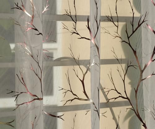 Image of littlelotus Tree Print Tissue Net Sheer Transparent Grommet Curtains for Long Door 9 feet Long Set of 2, Cream