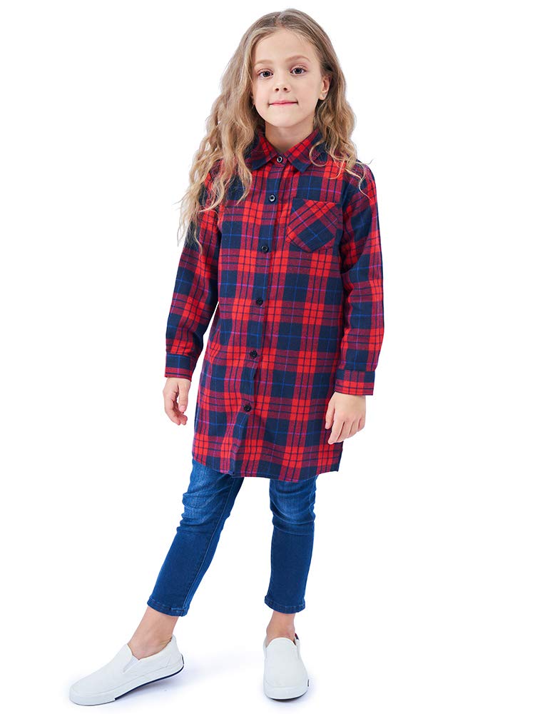 OCHENTA Girls Plaid Flannel Shirts Long Sleeve Button Down Shirt Dress