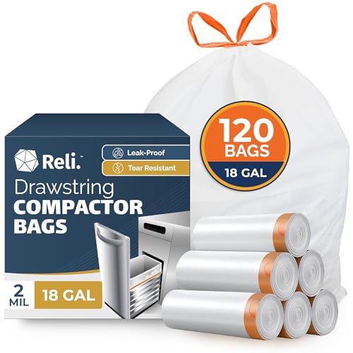 Reli. 18 Gallon Trash Compactor Bags | 120 Pack | Heavy Duty 2 Mil | Drawstring Kitchen Garbage Bags 24x24 Inch | Compatible with 15 KitchenAid Whirlpool GE Compactors