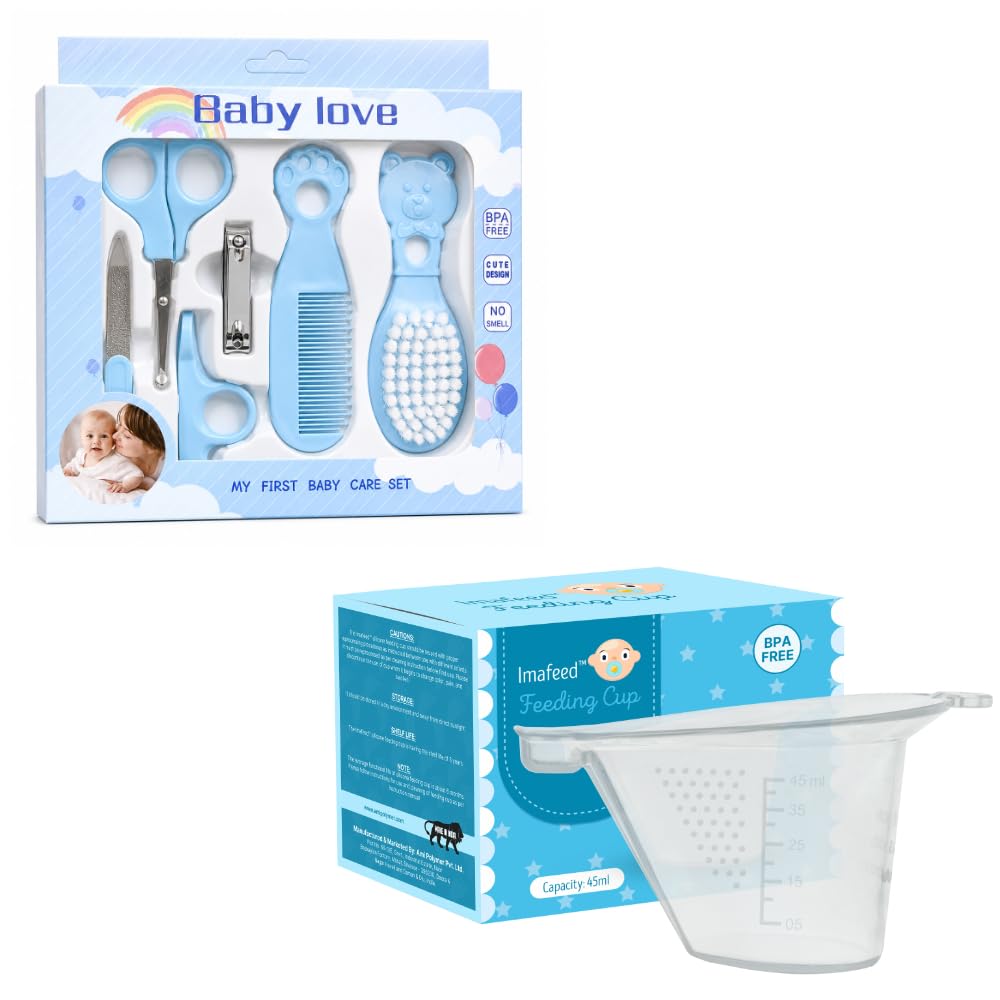 Baby Feeding Cup 45 ml & Baby Grooming Kit – (Blue) Newborn Your Little's Care Combo Set with Soft Silicone Feeding Cup | BPA Free Infant Grooming Kit | Cuties Essentials Gift Set (Blue)-image-24