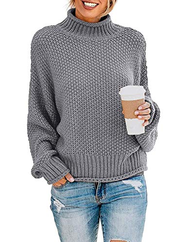 Image of ZESICA Women's Turtleneck Batwing Sleeve Loose Oversized Chunky Knitted Pullover Sweater Jumper Tops,Grey2,XX-Large