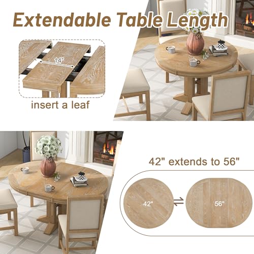 Image of 42 inch Round Extendable Dining Table for 4-6, Functional Round Extendable Wood Folding Mid Century Modern Round Dining Table for Dining Room Kitchen, Restaurant, Cafe, Natural