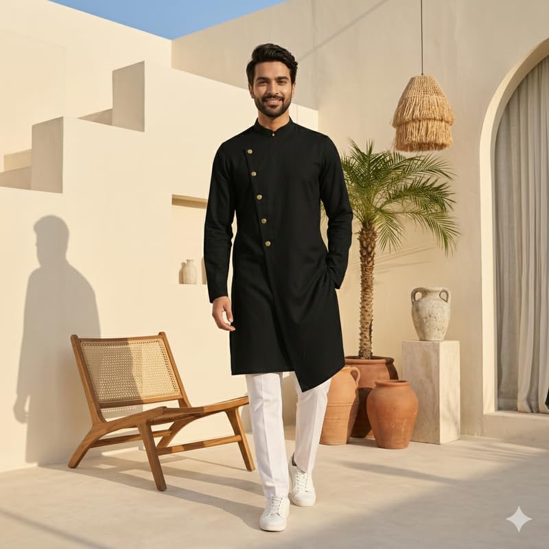 Image of OOMPH! Men's Ethnic Traditional Asymmetric Kurta Polycotton Regular Fit | High Neck Full Sleeves | Traditional Indian Festive Kurta | Stylish Casual and Wedding