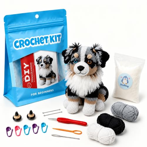 Beginner Crochet Kit for Adults & Teens, Australian Shepherd Dog Amigurumi Crochet Kit, Complete DIY Craft Supplies with Instructions, Cute Puppy Animal Starter Kit, Handmade Gift for Crochet Lovers