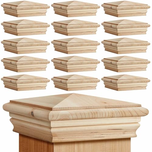 Image of Geetery 16 Pcs 4 x 4 Wood Newel Post Cap Fence Post Cap for Fence Topper Top Resistant Decking Caps for Outdoor Fences, Mailboxes and Decks (Cedar Wood)