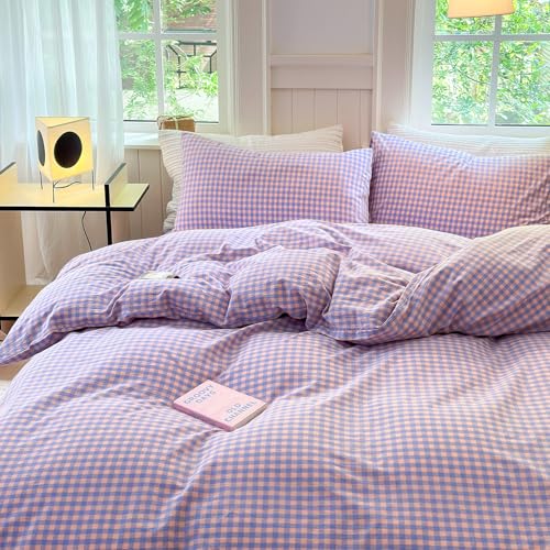 Image of LifeTB Purple Gingham Comforter Queen Comforter Set Fluffy Soft Plaid Checkered Pattern Comforter Purple Pink Gingham Bedding Set Farmhouse Grid Plaid Comforter Set for All Seasons Queen Size