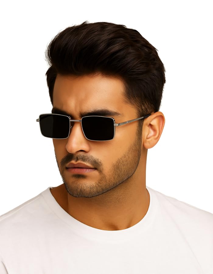 Image of Classic Rectangular Metal Frame Sunglasses, Silver Frame with Black Lenses, UV Protection