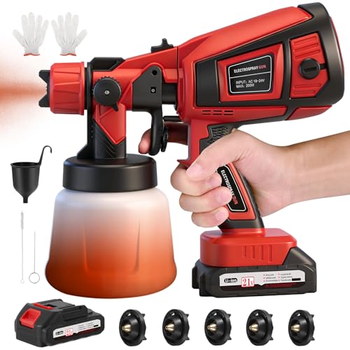 Cordless Paint Sprayer Paint Sprayers with 21V Battery Fence Paint Sprayer with 3 Spray Patterns Handheld Paint Gun with 2x3000mAh Batteries & Charger for Fence Walls Ceilings Home Painting(Red)