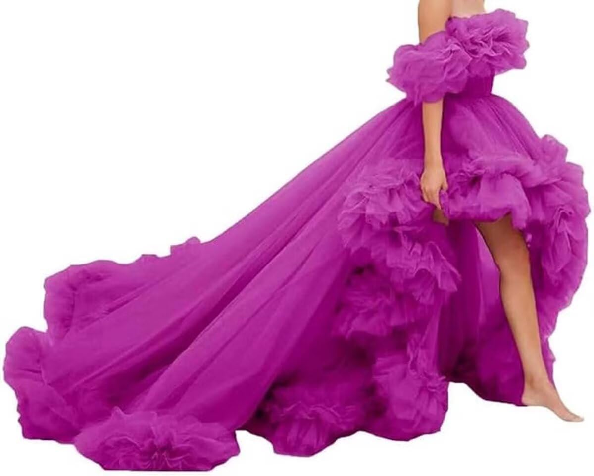 High Low Tulle Prom Dress Off Shoulder Puffy Long Ball Gown 2026 Ruffles Formal Evening Dresses
