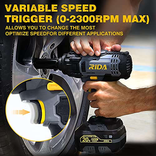 Rida Cordless Impact Wrench 20V 1/2" Impact Gun W/ 5 Torque Options Max 300 Ft-Lbs (400N.m) Impact Wrench W/ 4.0Ah Li-Ion Battery & Fast Charger, 4 Pcs Drive Impact Sockets And Tool Bag For Car Home #TOP3