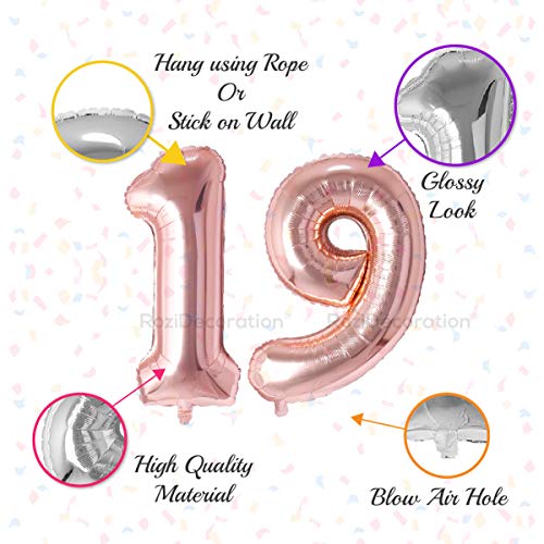 Image of Rozi Decoration 16? Inch Rose Gold 19 Number Foil Balloons for 19th Birthday Decorations | 19 Balloon for Birthday | 19 Number Balloon for Anniversary Decoration Pack of 2 Pcs