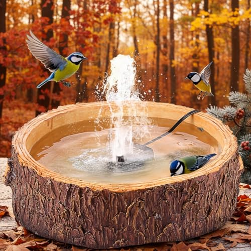 Fountain Bird Bath for Outside, 13.5" Garden Bird Bath Bowl with 8w Water Pump,2 Nozzles Adjustable Water Fountain, Trunk Bowl Upgraded Dry Run Safe for Outdoor Garden Patio Deck Balcony Lawn Decor