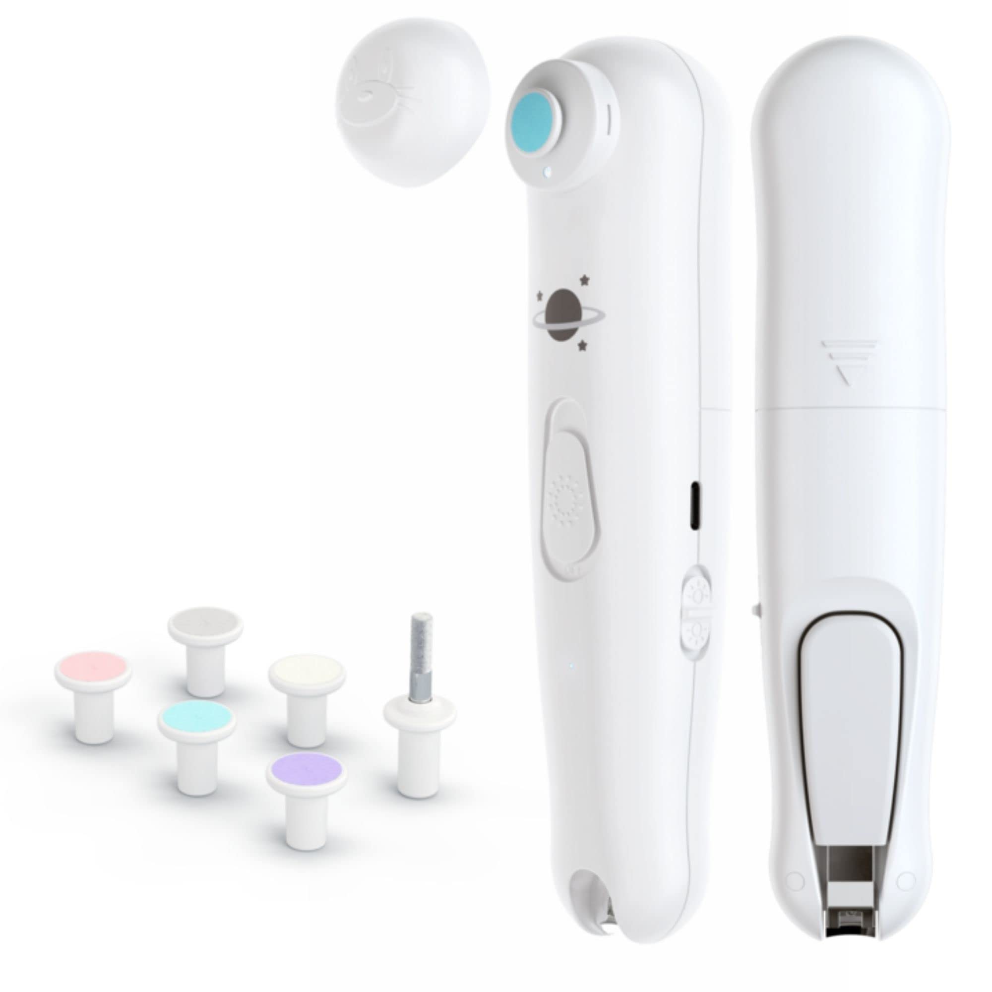 Electric Baby Nail File - Safe, Easy to use and Precise - 2 in 1 File with File Side and Nail Clipper Side - 6 Compatible File Heads - Built-in LED Precision File