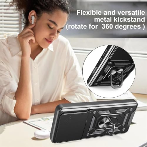 Image of Heavy Duty Back Case Cover for Honor 400 Lite 5G, Shockproof Honor 400 Lite Back Cover, Ring Case with Kickstand and Camera Protection Shutter - Black