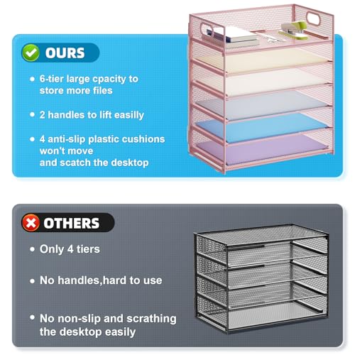Image of Marbrasse 2 Pack Desk Organizer with Handle, 6 Tier Paper Letter Tray, Mesh Desk File Organizer for Office, School and Home - Pink