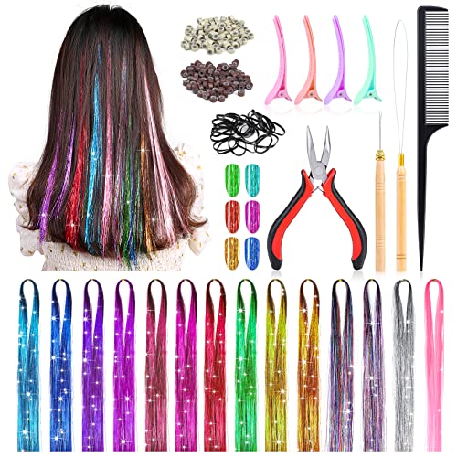 Mckanti 14 Colors Hair Tinsel Kit with Tool, 47 inch 2800 Strands Tinsel Hair Extensions for Women Girls, Fairy Hair Tinsel Glitter Sparkling Shiny Colorful Synthetic Hair for Party Daily Life Fashion.