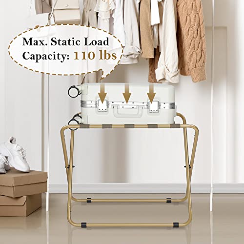 Elyken 2 Pack Folding Luggage Rack For Guest Room, Heavy Duty 110Lbs Load Bearing Metal Suitcase Stand, 28.37”L X 17.7”W Wider Surface With Nylon Strap, Gold #TOP4