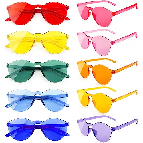 SUNOVELTIES 10 Pack Round One Piece Rimless Tinted Sunglasses, Trendy Transparent Glasses for Teens Adults, Candy Color