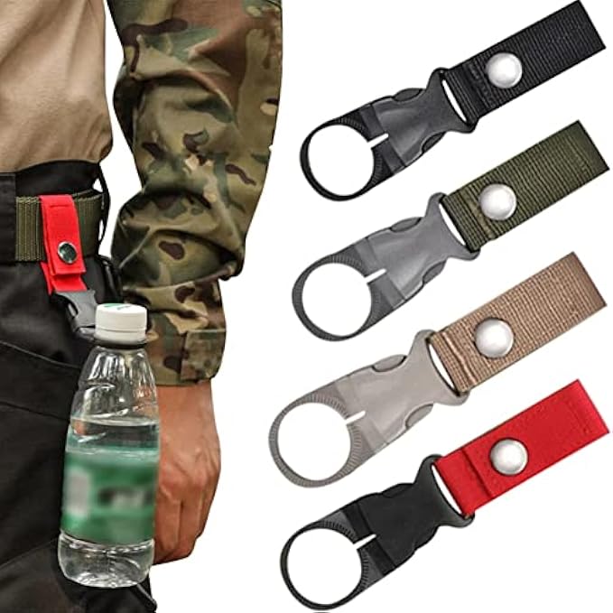HAIYISHIYE 4Pack Water Bottle Clips,Portable Water Bottle Ring Holder Hanging Buckle Clip Nylon Webbing Strap for Outdoor Camping Hiking Mountaineering