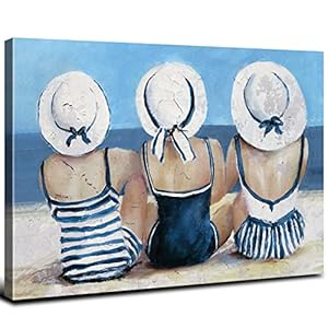 Beach Wall Decor Ocean Wall Art Coastal Girls Nautical Artwork Navy Blue and White Beach Canvas Wall Pictures for Living Room Retro Seascape Scenic Painting Bedroom Bathroom Home Decorations 24×36