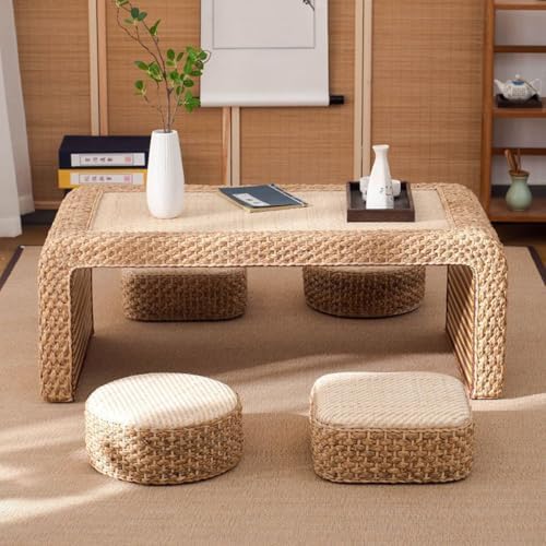 Multifunctional Rattan Japanese Coffee Table, Portable Low Floor Dining Table, Easy Storage, Ideal for Sitting on The Floor, Stylish & Space-Saving Design