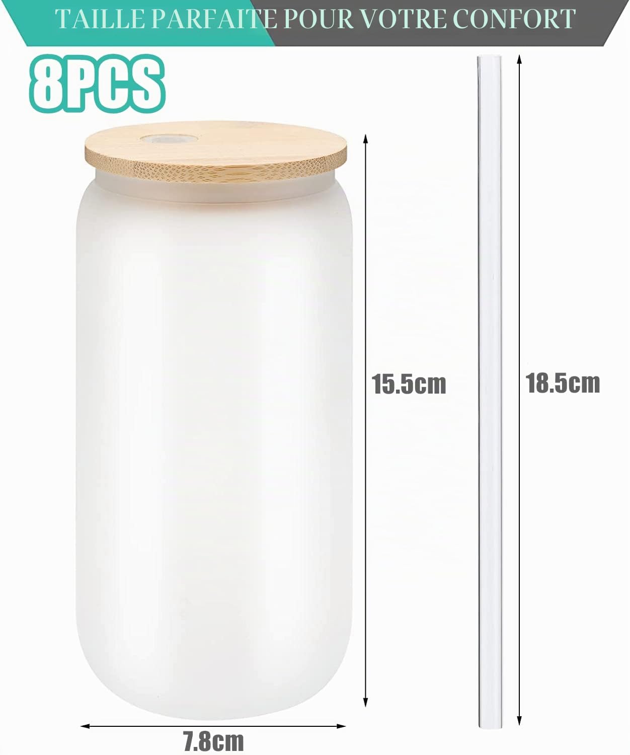 LATERN 8 Pièces Boîtes en Verre pour Sublimation, 520ml Canette de Bière À Sublimation Givrée Gobelet en Borosilicaté Pot Mason avec Couvercles en Bambou et Paille Réutilisable - pour Boissons Glacées