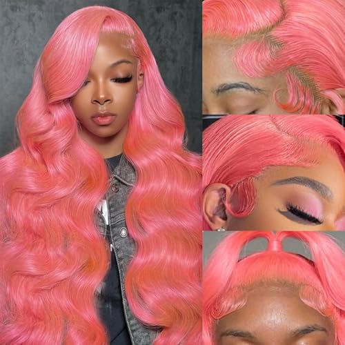 Image of Pink Lace Front Wigs Human Hair 28 Inch Wig Human Hair 13x4 HD Transparent Body Wave Lace Front Wigs Human Hair Pink Colored 180 Density Pre Plucked Glueless Frontal Wig Human Hair for Women