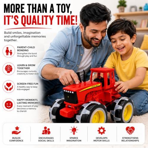 Image of Kids Tractor Toy with Monster Wheels | Friction Powered Farm Vehicle for for Toddlers Boys Girls | Safe ABS Plastic Construction | Educational Gift for Boys & Girls 3+ Years | Red