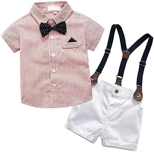 Baby Boys Gentleman Suit Clothes, Dress Shirt with Bowtie + Suspender Shorts