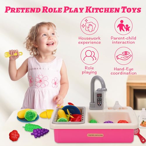 Küchenspüle Spielzeug Set mit Wasserkreislauf, Spielspüle Kinder mit Fließendem Wasser, Matschküche Kinderküche Zubehör, Obst und Gemüse Spielzeug, Rollenspiel für Jungen und Mädchen ab 3 Jahre (Rosa)