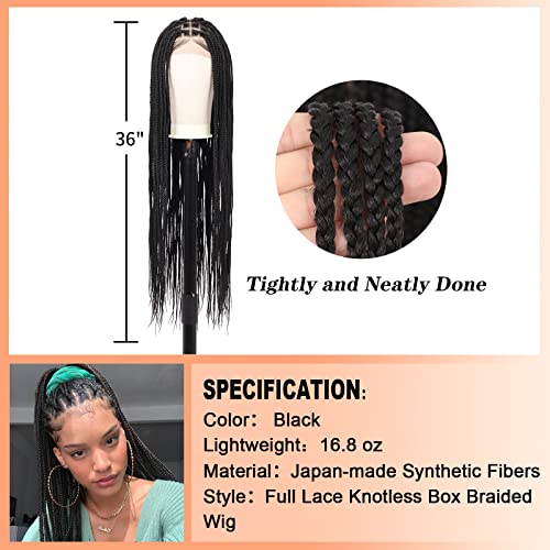 Brinbea 36" Full Lace Braided Wigs Knotless Box Braided Wigs With Baby Hair Hd Lace Front Braid Wigs For Women Full Handmade Black Synthetic Cornrow Braided Hair Wig #TOP4