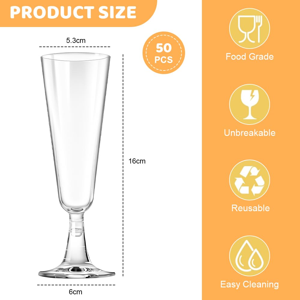 50 Pz Bicchieri da Champagne in Plastica Riutilizzabili, Calici Champagne Trasparenti da 150 ml, Bicchieri da Cocktail con Steli Rimovibili per Feste, Matrimoni e Natale