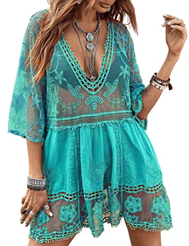 Image of Eomenie Women's Contrast Lace Bathing Suit Cover Up V-Neck Swimsuit Coverups Loose Swimwear Beach Dress Beachwear