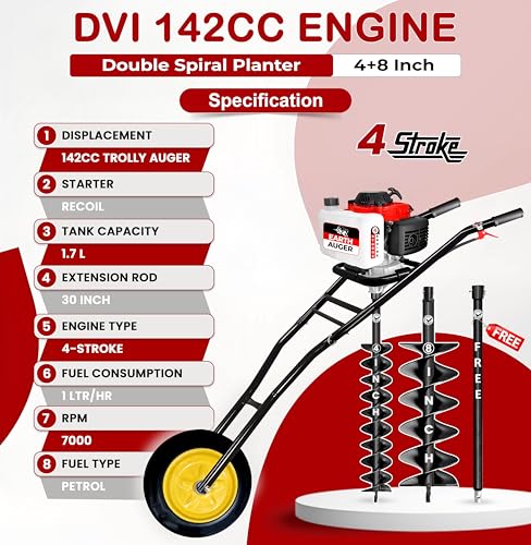 Image of DVI 142CC Trolley Earth Auger Machine, 4-Stroke Petrol Engine - with 4 Inch + 8 Inch Double Spiral Planter Bits & Free Extension Rod | for Plantation, Fencing & Post Hole Digging in All Soil Types.