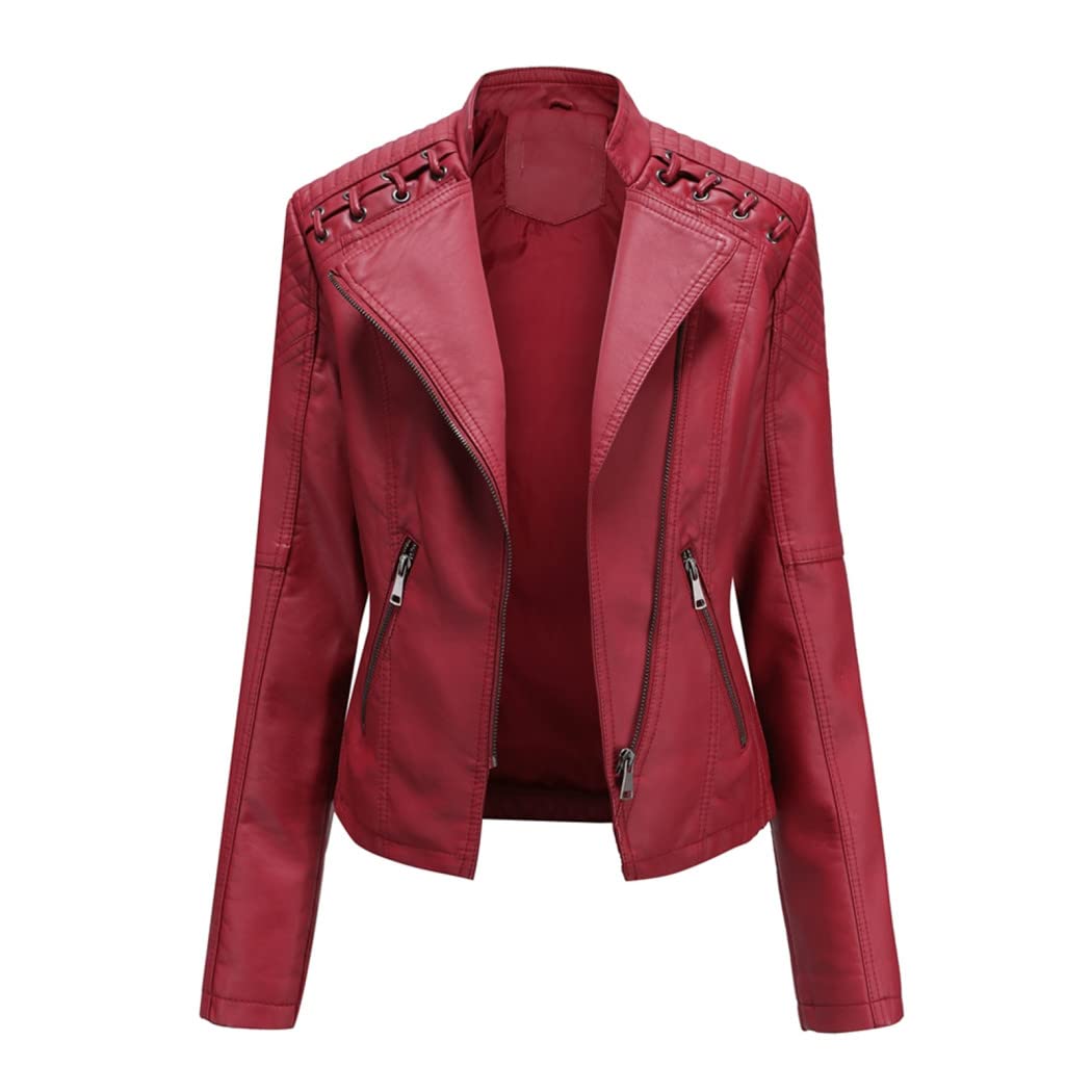 YOJOLO Women's Leather Jacket Faux Leather Moto Jacket Slim Zip-Up Biker Jacket Spring Autumn Leather Coat Outwear,red,XXL