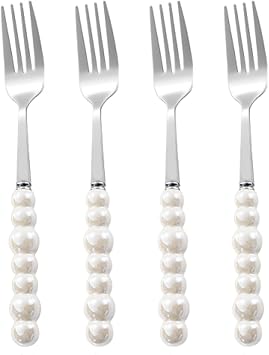 Stainless Steel Forks, Ceramic Handle Forks, Korean Dessert Fork with Imitation Pearl Handle, 7.5 Inches,4 Pieces White