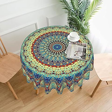 Chic Boho Mandala Tablecloth Round Retro Rosette Mosaic Tile Table Cloths 60 Inch Waterproof Table Cover for Kitchen Dining Party Heat Resistant Tablecloths Tabletop Decorations Cover